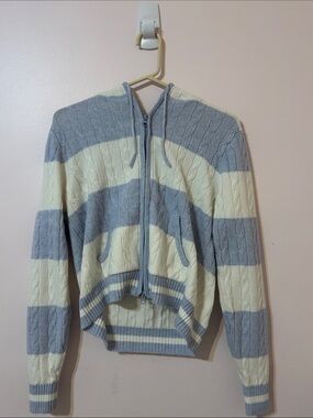 Women’s Striped Zip-Up Hooded Sweater in Light Blue and Cream